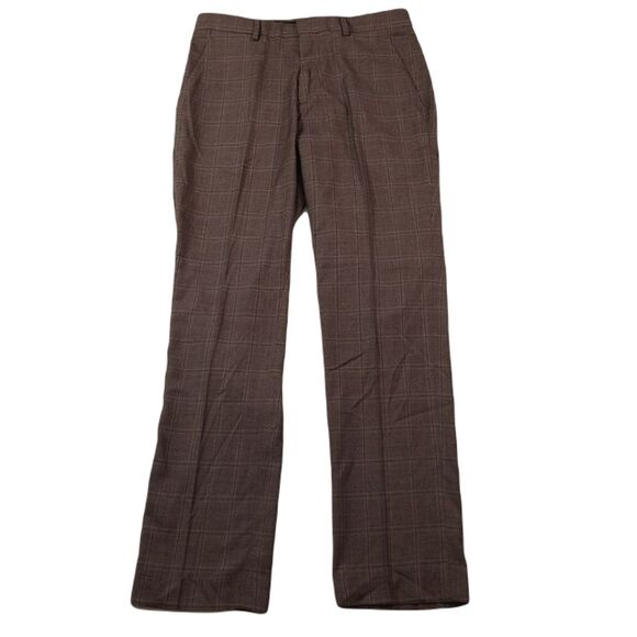 Perry Ellis Slim-Fit‎ Dress Pants Mens 31x30 Brown Plaid Flat Front - Picture 1 of 8